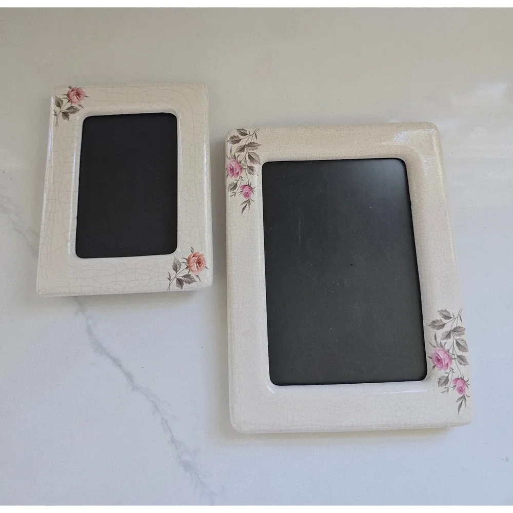 Vintage Crackle Glaze Ceramic Rose Floral Picture Frame‎ Set of 2 Shabby Chic